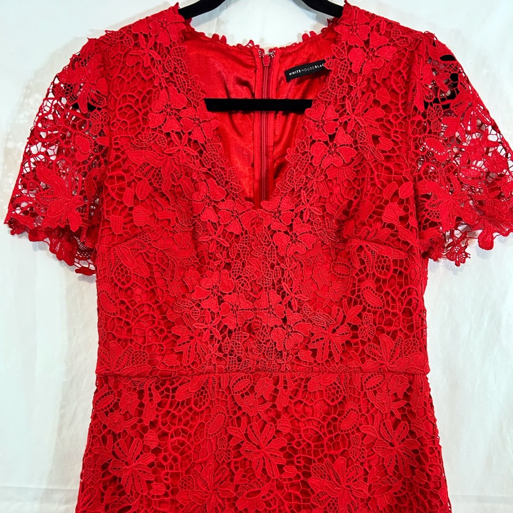 White House Black Market Red Lace V-neck Short Sleeve‎ Knee Length Small Dress - Picture 2 of 12